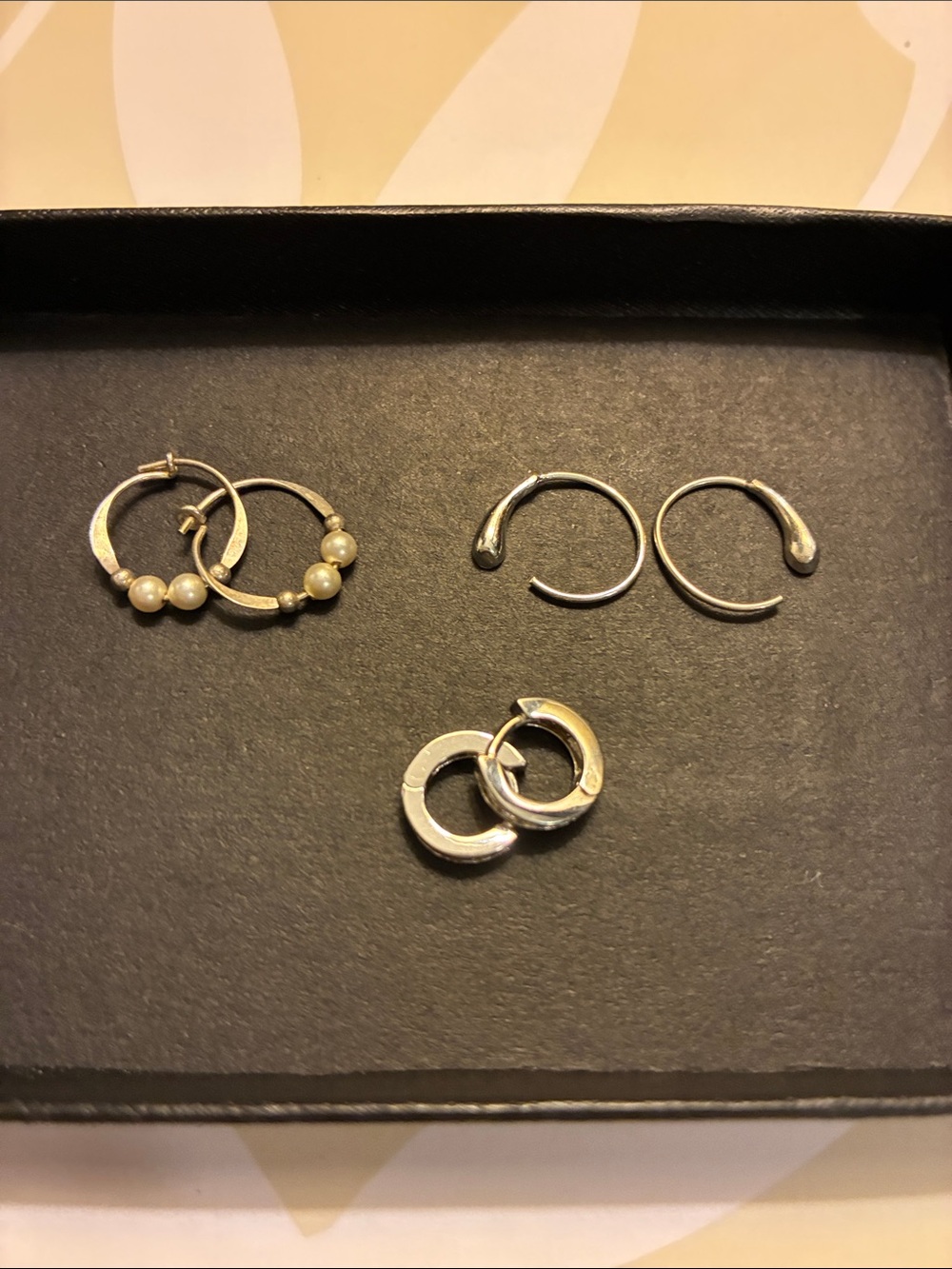 3 Pairs Of Small Silver Hoop Earrings- Pearl And Crystal Accents